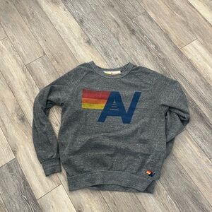 Aviator Nation Gray Sweatshirt with Blue Logo and Red-Yellow Stripe